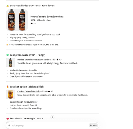 ChatGPT showing organic product recommendations for Mexican hot sauces