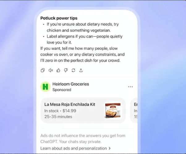 ChatGPT sponsored product card as shown in OpenAI's advertising announcement